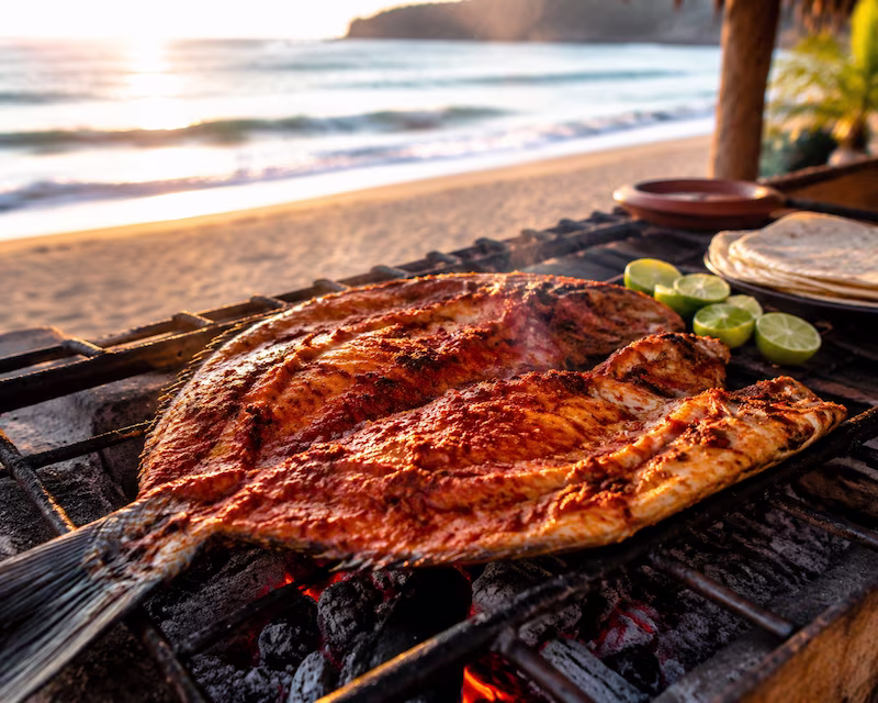 Pescado a la talla preparado sobre una parrilla en Playa Bonfil