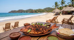 Pescado a la talla servido en una mesa de madera frente a una playa de Zihuatanejo, con salsas y tortillas.