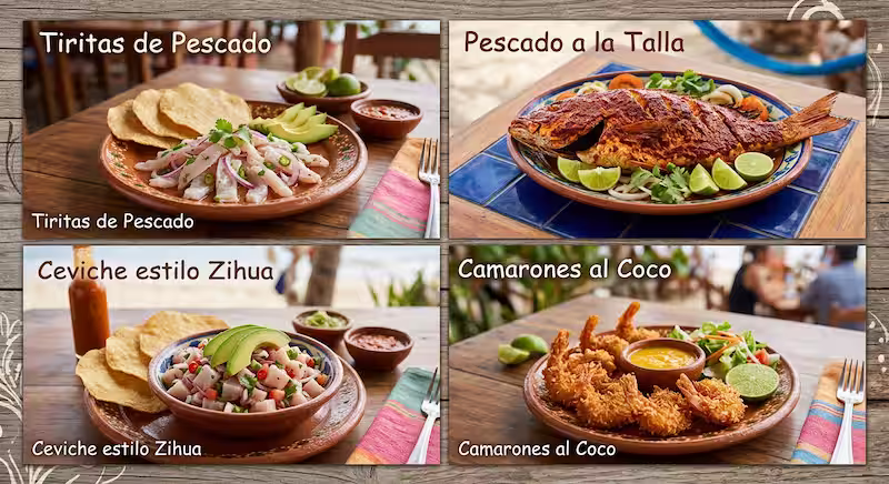 4 platillos de la comida típica de Zihuatanejo: tiritas de pescado, pescado a la talla, ceviche estilo Zihua y camarones al coco.