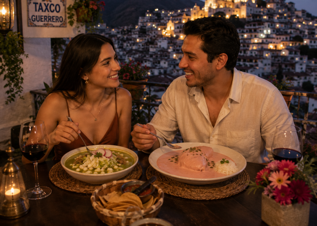 Pareja disfrutando una cena romántica en un restaurante con vista panorámica a Taxco, Guerrero, mientras degusta mole rosa y pozole verde, dos platillos tradicionales de la gastronomía guerrerense.