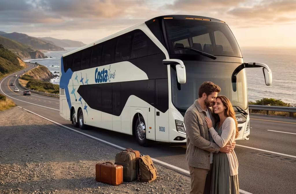 Pareja viajando en autobús Costa Line durante una escapada romántica.