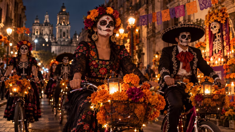 Ciclistas durante celebración nocturna de Día de Muertos en CDMX