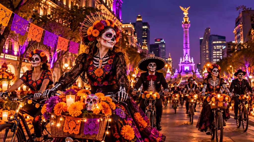 Paseo Nocturno de Día de Muertos CDMX con ciclistas y catrinas
