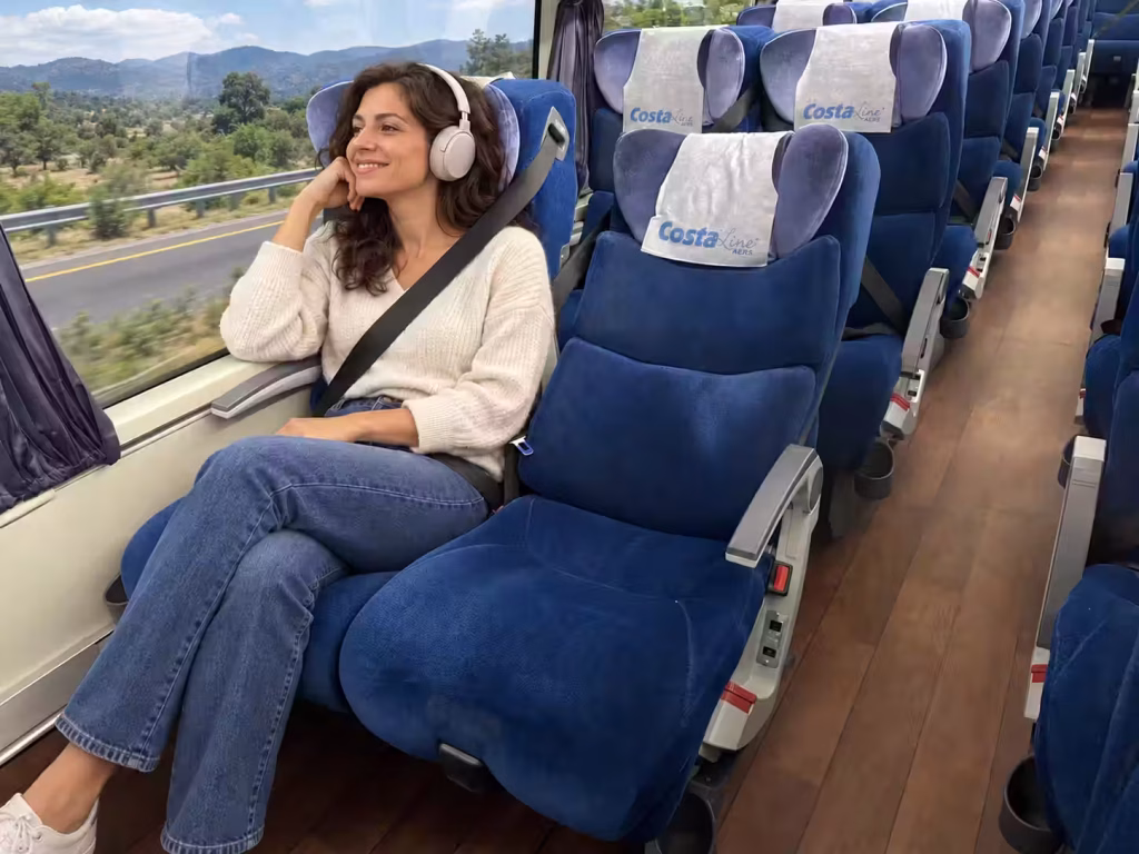 Viajera con audífonos junto a una ventana con vista al paisaje de carretera.