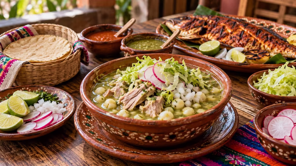 Mesa con pozole verde, tortillas y salsas tradicionales mexicanas.