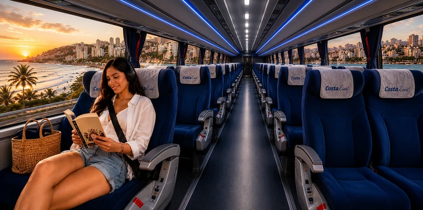 Interior de autobús Costa Line con asientos cómodos y modernos